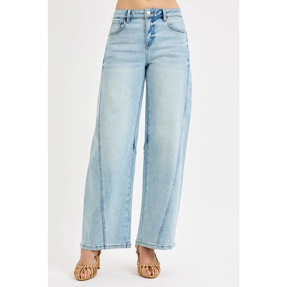 RISEN Mid Rise Waist Zipper Fly Stretch Light Blue Wash Barrel Leg Denim Jeans - Picture 6 of 7